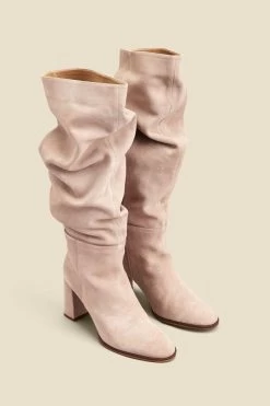 Taupe Suede Block Heel Slouch High Leg Boots -Trendora Shop web 2307 box a23fw011bn0003 d