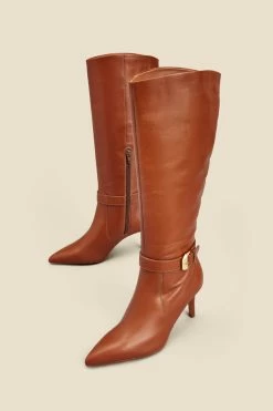 Tan Leather Buckle Detail Stiletto Heel Knee High Boots -Trendora Shop web 2307 box a23fw012nl0014 a