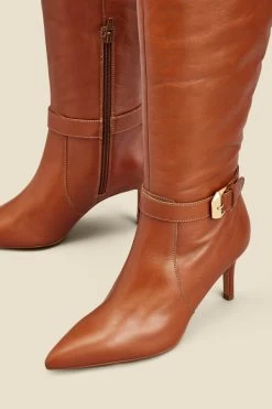 Tan Leather Buckle Detail Stiletto Heel Knee High Boots -Trendora Shop web 2307 box a23fw012nl0014 b