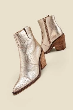 Champagne Gold Croc Leather Tab Detail Western Ankle Boots -Trendora Shop web 2307 box a23fw013mc0003 a