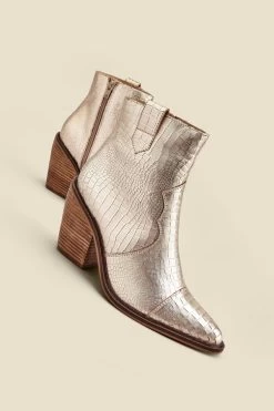 Champagne Gold Croc Leather Tab Detail Western Ankle Boots -Trendora Shop web 2307 box a23fw013mc0003 b