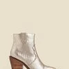 Champagne Gold Croc Leather Tab Detail Western Ankle Boots