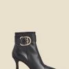 Black Leather Buckle Detail Flared Heel Ankle Boots