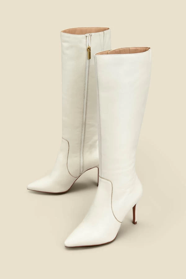 Ecru Leather Stiletto Heel Knee High Boots 3 Ecru Leather Stiletto Heel Knee High Boots - Image 3