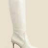 Ecru Leather Stiletto Heel Knee High Boots
