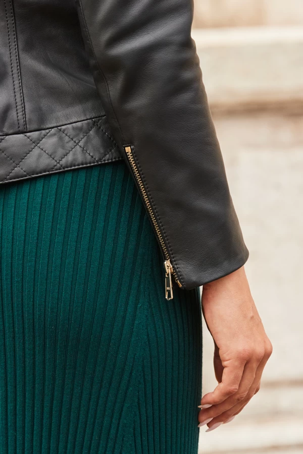 Black Quilted Round Neck Leather Jacket With Gold Buttons 6 Black Quilted Round Neck Leather Jacket With Gold Buttons - Image 6