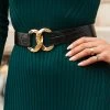 Black Croc Leather Waist Belt With Gold Clasp