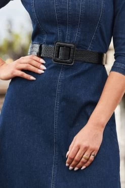 Black Croc Leather Belt With Buckle