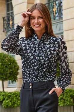 Black & White Dogtooth Print Tie Neck Blouse