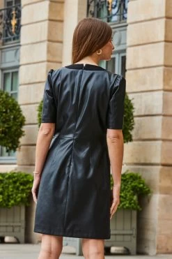 Black Faux Leather Button Front Pocket Detail Shift Dress 10 Black Faux Leather Button Front Pocket Detail Shift Dress -Trendora Shop web 2308 105 a23dp021bk0001 105 151