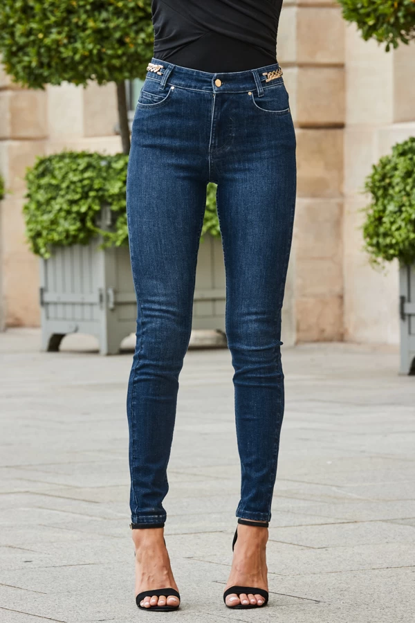 Dark Indigo Gold Chain Detail Skinny Jeans 2 Dark Indigo Gold Chain Detail Skinny Jeans - Image 2