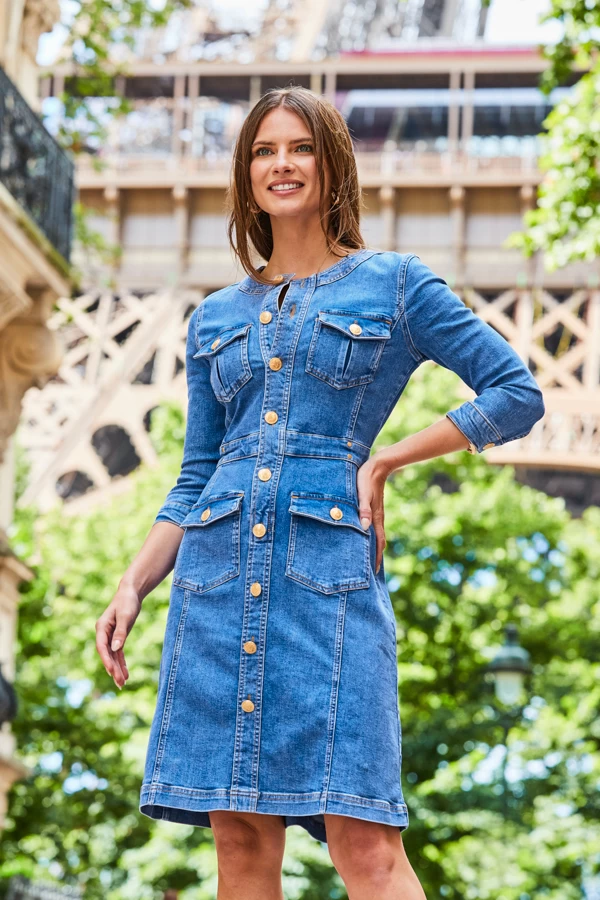 Mid Blue Button Front Pocket Detail Denim Dress 2 Mid Blue Button Front Pocket Detail Denim Dress - Image 2