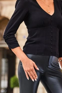 Black Button Front Ruched Sleeve Top 11 Black Button Front Ruched Sleeve Top -Trendora Shop web 2308 125 a23tw040bk0001 125 214