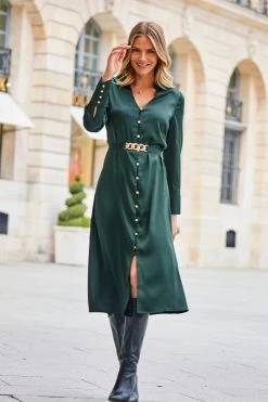 Green Satin Shirt Dress With Luxe Gold Belt -Trendora Shop web 2308 127 a23dw024gn0001 127 072 rt