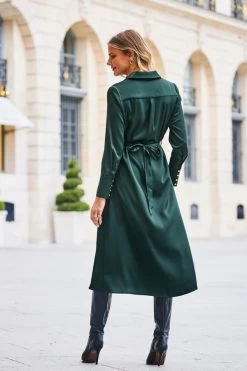 Green Satin Shirt Dress With Luxe Gold Belt -Trendora Shop web 2308 127 a23dw024gn0001 127 187 rt