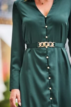 Green Satin Shirt Dress With Luxe Gold Belt -Trendora Shop web 2308 127 a23dw024gn0001 127 199 rt