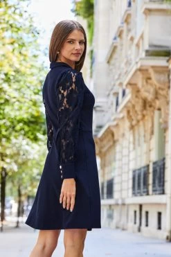 Navy Blue Lace Sleeve Fit & Flare Ponte Jersey Dress -Trendora Shop web 2308 129 a23dj011be0003 129 257 rt