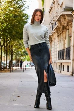 Charcoal Grey Longline Denim Midi Skirt 10 Charcoal Grey Longline Denim Midi Skirt -Trendora Shop web 2308 135 s23sd010gy0016 a23tk281gy002m 135 012