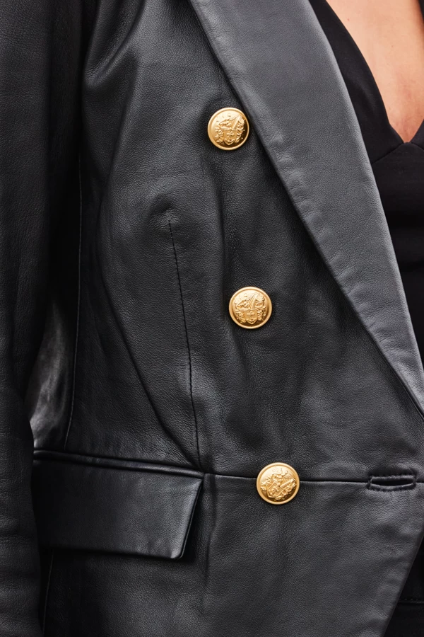 Black Leather Blazer With Gold Button Detail 6 Black Leather Blazer With Gold Button Detail - Image 6