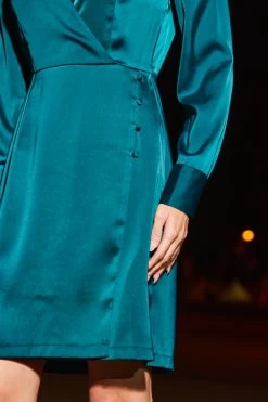 Emerald Green Satin Collared Faux Wrap Dress 12 Emerald Green Satin Collared Faux Wrap Dress -Trendora Shop web 2308 28 a23dw068gn0032 28 145