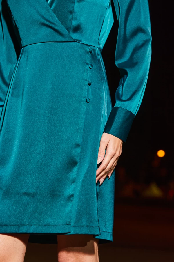 Emerald Green Satin Collared Faux Wrap Dress 6 Emerald Green Satin Collared Faux Wrap Dress - Image 6