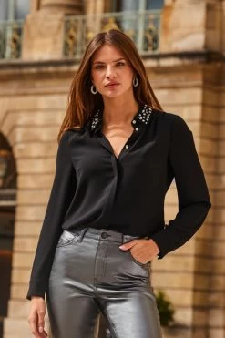 Black Premium Embellished Collar Shirt -Trendora Shop web 2308 30 a23tw010bk0001 30 155