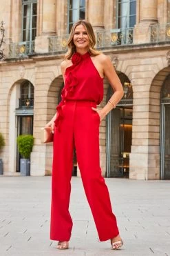 Red Satin Corsage Ruffle Detail Halter Neck Top -Trendora Shop web 2308 32 a23tw093rd0021 a22bw006rd0001 32 024 1