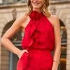 Red Satin Corsage Ruffle Detail Halter Neck Top