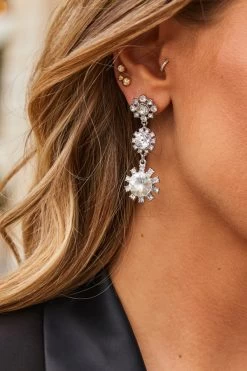 Silver Diamante Triple Stone Drop Earrings
