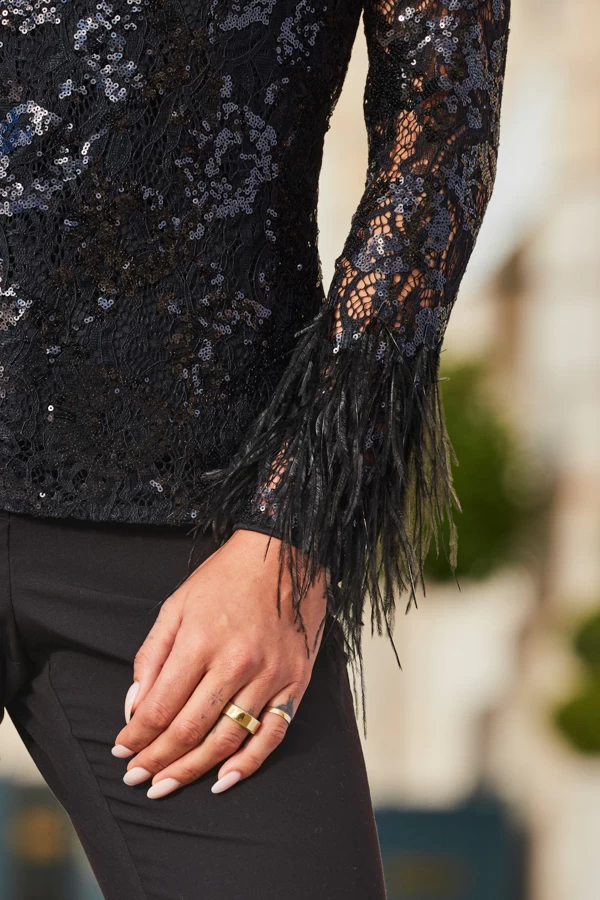 Black Lace & Embellished Feather Trim Top 6 Black Lace & Embellished Feather Trim Top - Image 6