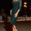 Dark Green Lace Fluted Cuff Midi Dress