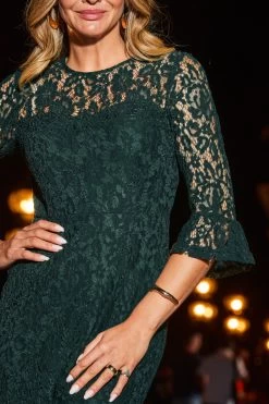 Dark Green Lace Fluted Cuff Midi Dress -Trendora Shop web 2308 37 a22dw021gn0001 37 142 rt