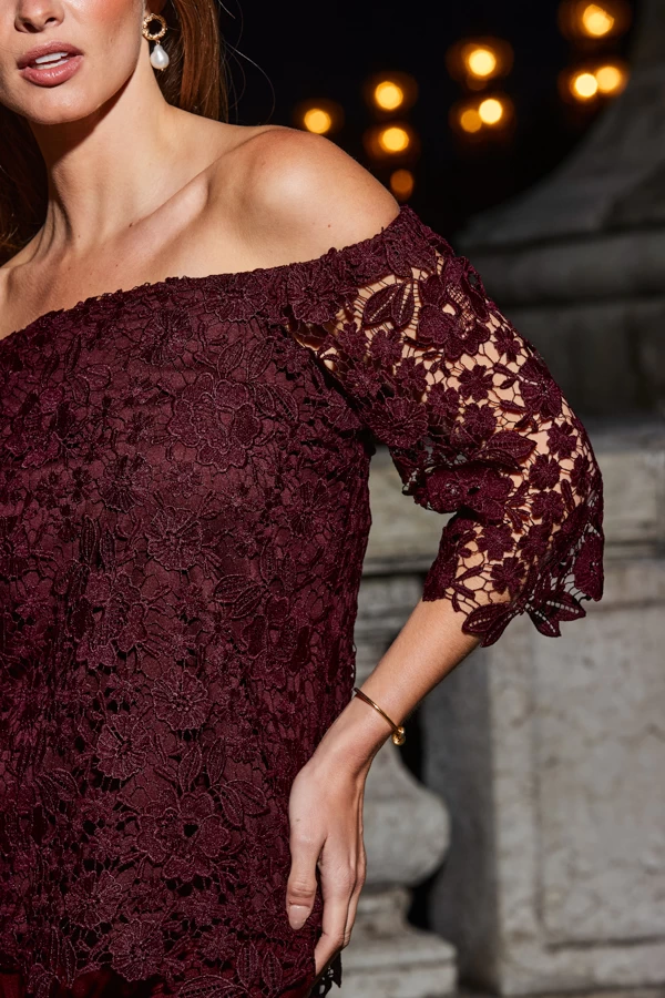 Burgundy Luxe Lace Bardot Top 6 Burgundy Luxe Lace Bardot Top - Image 6
