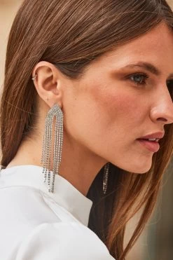 Silver Diamante Waterfall Drop Tassel Earrings