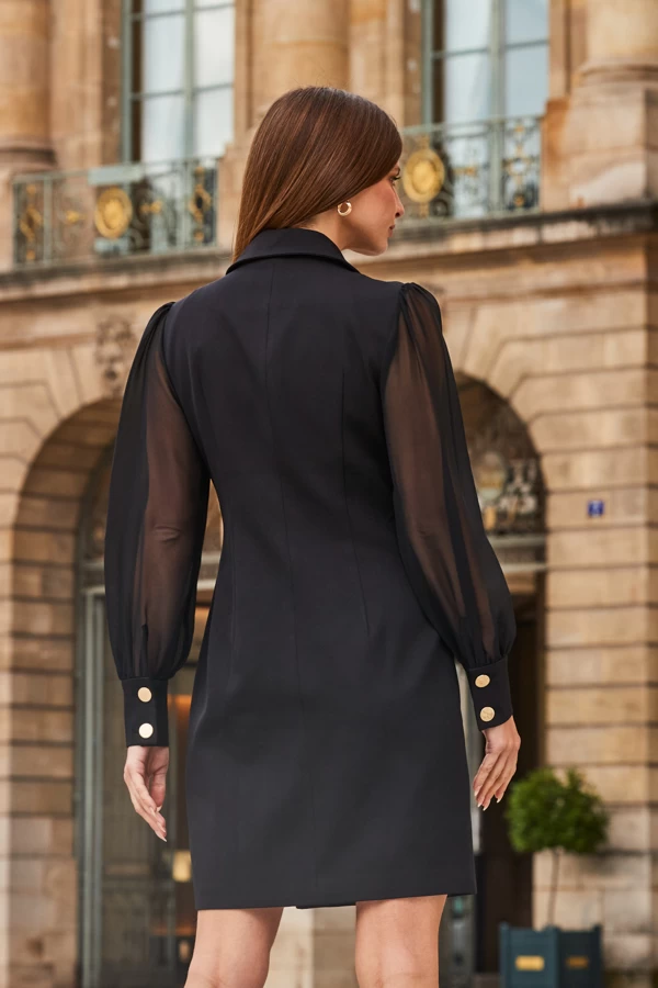 Black Sheer Sleeve Gold Button Blazer Dress 3 Black Sheer Sleeve Gold Button Blazer Dress - Image 3