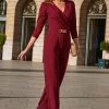 Burgundy Faux Wrap Chain Detail Wide Leg Jumpsuit