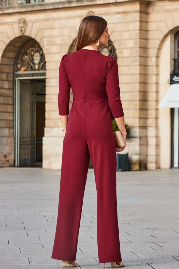Burgundy Faux Wrap Chain Detail Wide Leg Jumpsuit 4 Burgundy Faux Wrap Chain Detail Wide Leg Jumpsuit - Image 4