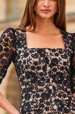 Black Luxe Lace Embellished Button Front Shift Dress -Trendora Shop web 2308 51 a23dw002bk0001 51 238 rt