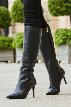 Black Leather Stiletto Heel Knee High Boots