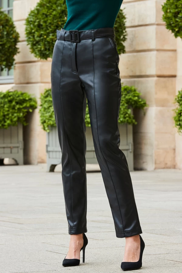 Black Faux Leather Belted Straight Leg Trousers 2 Black Faux Leather Belted Straight Leg Trousers - Image 2