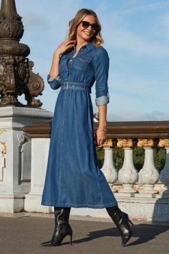 Mid Blue Fit & Flare Buckle Detail Denim Midi Dress -Trendora Shop web 2308 68 a23dd017be0010 68 280 rt