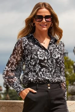Black Floral Print Shirred Cuff Shirt With Silver Detail