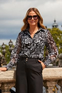 Black Floral Print Shirred Cuff Shirt With Silver Detail -Trendora Shop web 2308 74 a23tw032bkcv01 74 095