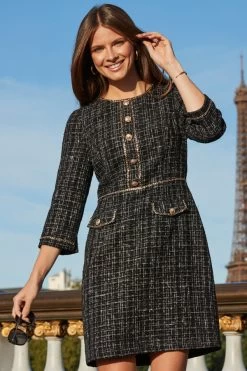 Black Luxe Sparkle Boucle Button Detail Shift Dress