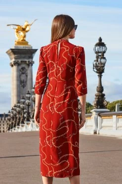 Red Chain Print Keyhole Detail Midi Dress -Trendora Shop web 2308 78 a23dw041rdcv01 78 167 rt