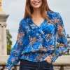 Blue Multi Print Frill Detail Shirred Hem Blouse