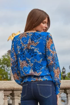 Blue Multi Print Frill Detail Shirred Hem Blouse -Trendora Shop web 2308 83 a20tw008blcv02 83 301