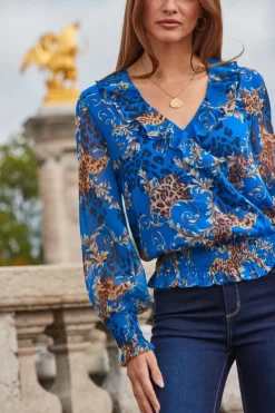 Blue Multi Print Frill Detail Shirred Hem Blouse -Trendora Shop web 2308 83 a20tw008blcv02 83 309
