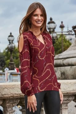 Burgundy Chain Print Cut Out Shoulder Top