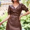 Chocolate Brown Faux Leather Belted Wrap Dress
